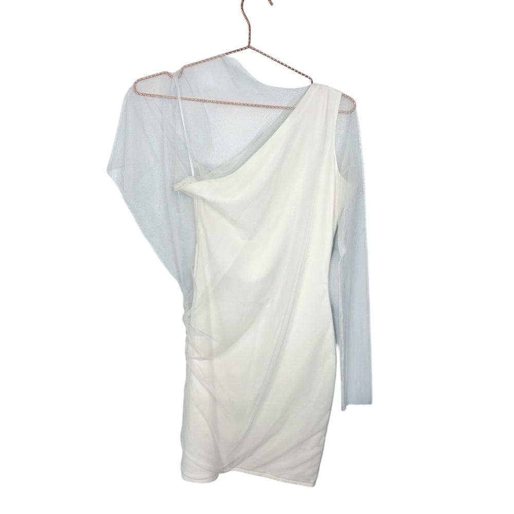 Marcella White One-Shoulder Dress with Mesh Overlay